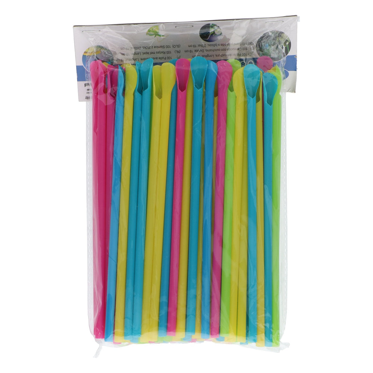 100 bunte Trinkhalme Strohhalme Löffel Kunststoff 0,5x19cm Party Cocktail Eis
