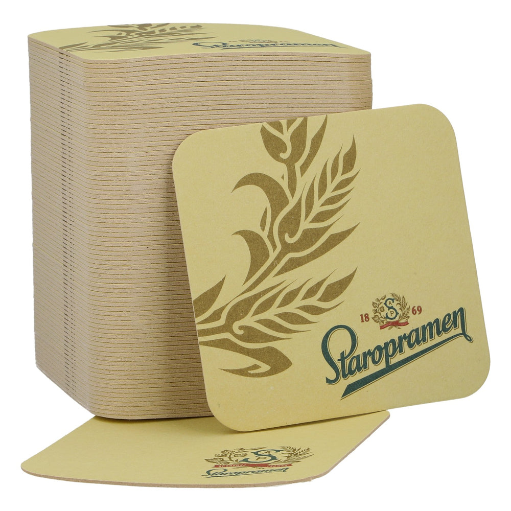 100x Staropramen Bierdeckel 1869 Grünes Logo Weizen Motiv Beige