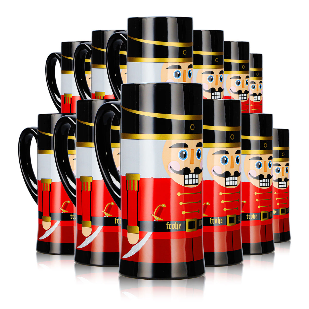 12 Mohaba Glühweinbecher Flöten-Tasse Nussknacker Frohe Weihnachten schwarz 0,2l geeicht