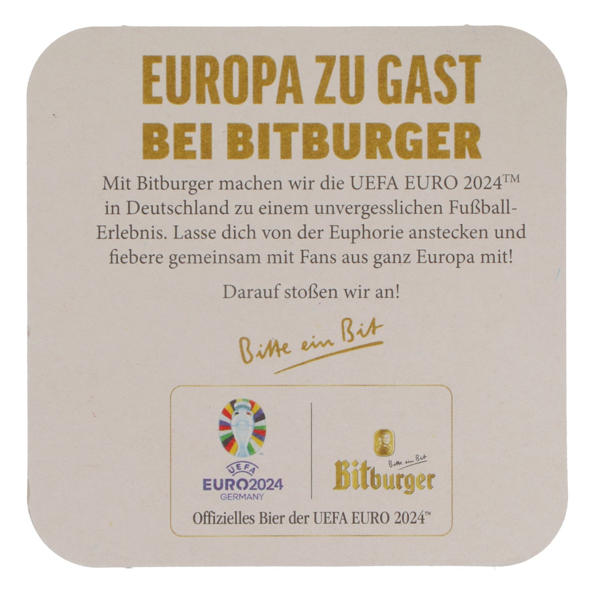 125x Bitburger Bier Bierdeckel Untersetzer 9x9 cm "Bitte noch 1" Rückseite "Euro 2024" – Ansicht 4