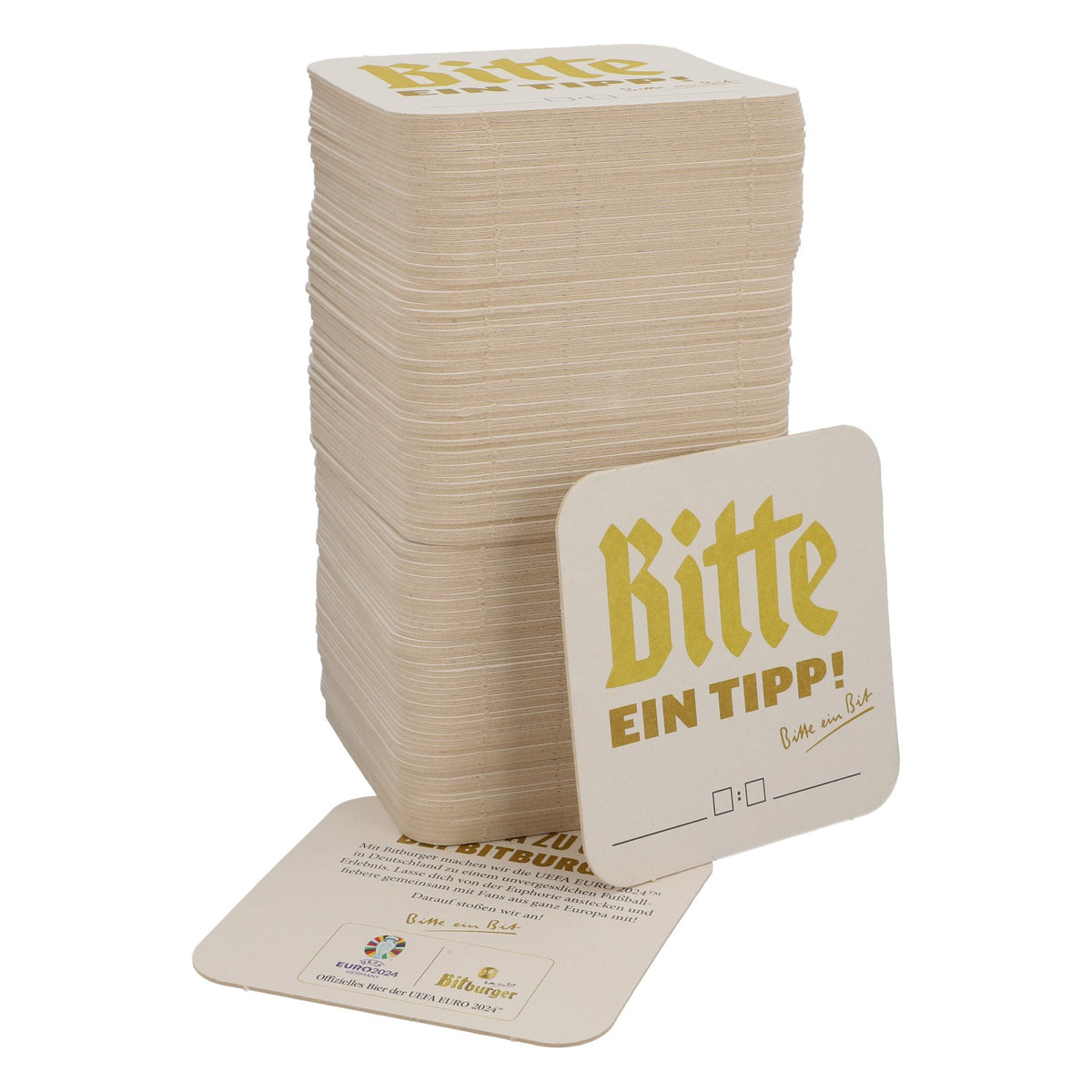 125x Bitburger Bier Bierdeckel Untersetzer 9x9 cm "Bitte ein Tipp" Rückseite "Euro 2024"