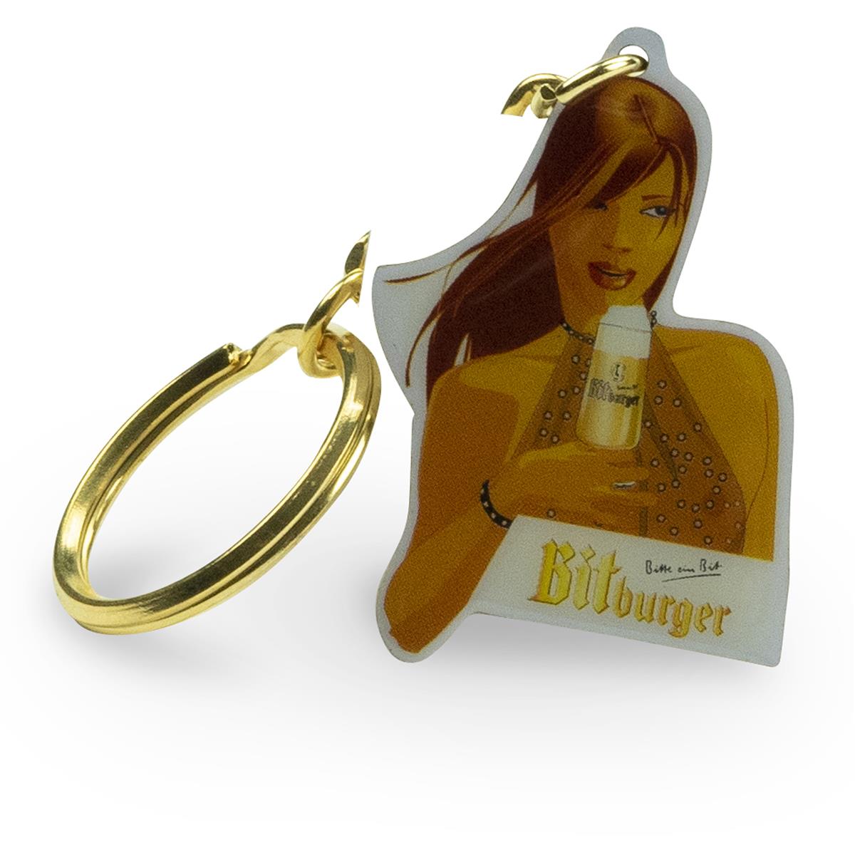 1x Bitburger Bier Schlüsselanhänger gold mit Frauenlogo