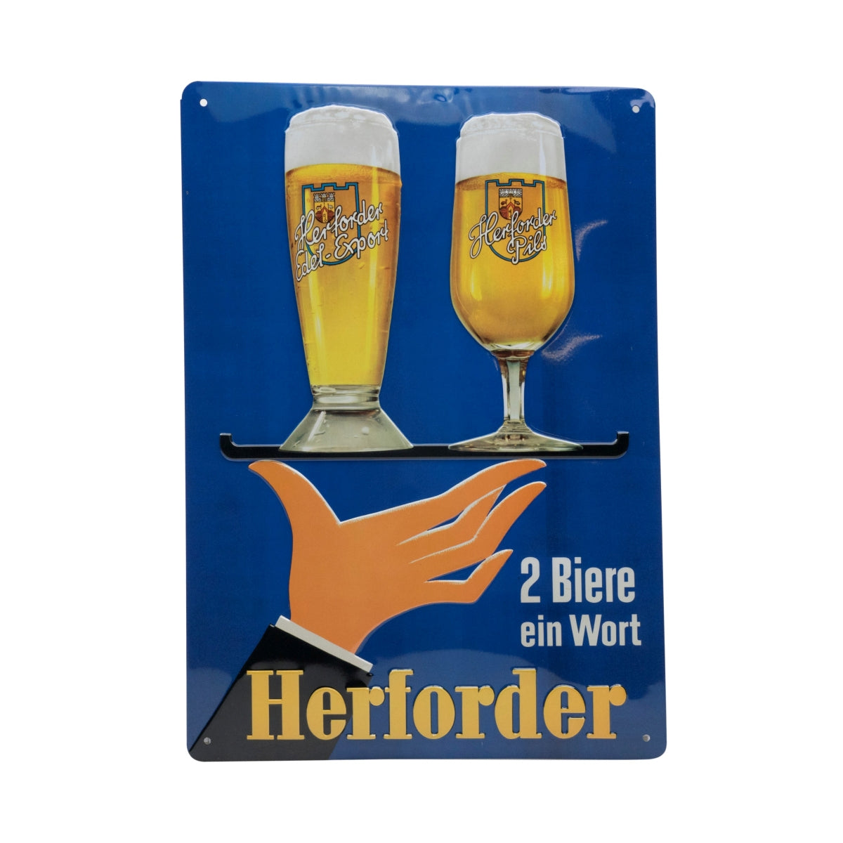 1x Herforder Bier Blechschild 2 Biere ein Wort blau