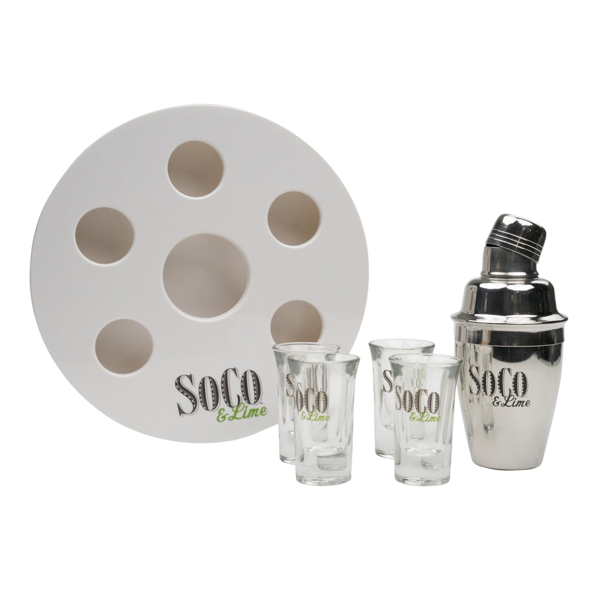 1x Soco Lime Whiskey Shotset 12 Shotgläser, 1 Shaker und 1 Tablett – Ansicht 3