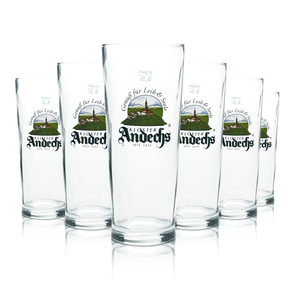 6 Andechs Bier Glas Becher 0,5l Logo Sahm neu