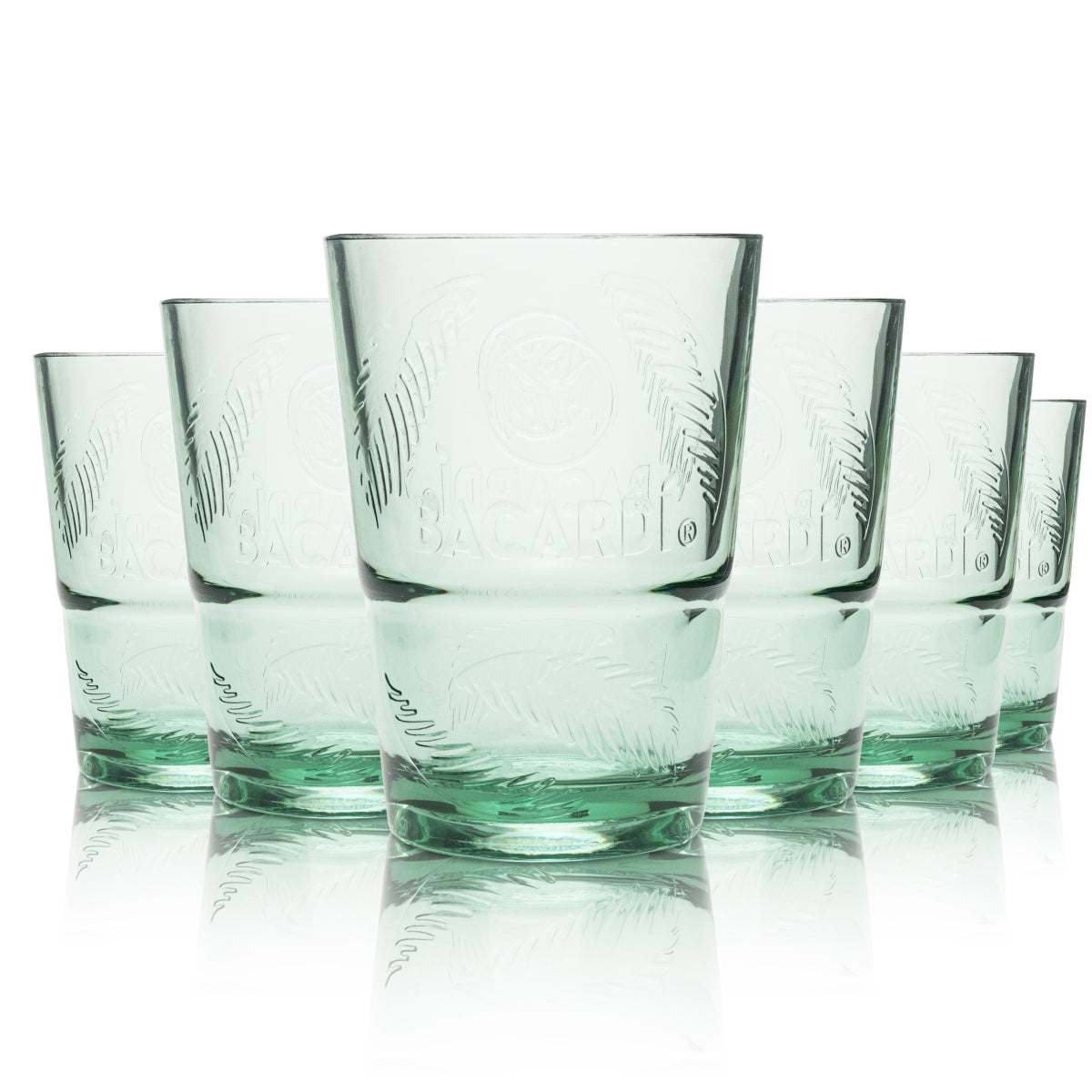 6x Bacardi Kunststoff Mehrwegbecher Glas 0,36l Grüne Longdrinkgläser Palmenmuster