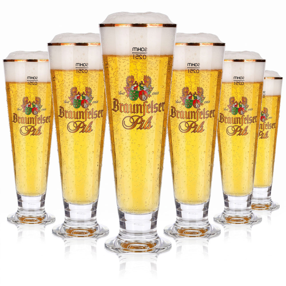 6x Braunfelser Bier Glas 0,25l Pokal Goldrand Pils Sahm (6er Set)