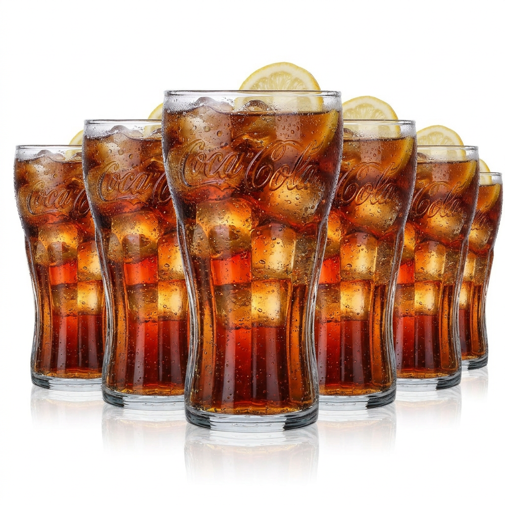 6x Coca Cola Konturglas 0,3l Softdrink Limo Gläser Set Reliefschriftzug Ikonisch