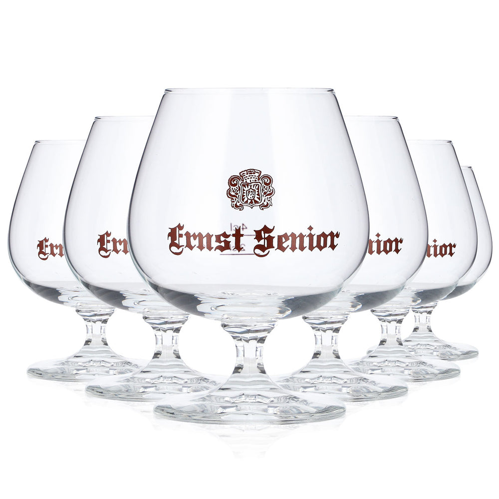 6x Ernst Senior Weinbrand Glas 2cl + 4cl Tulpe Braunes Logo Böckling