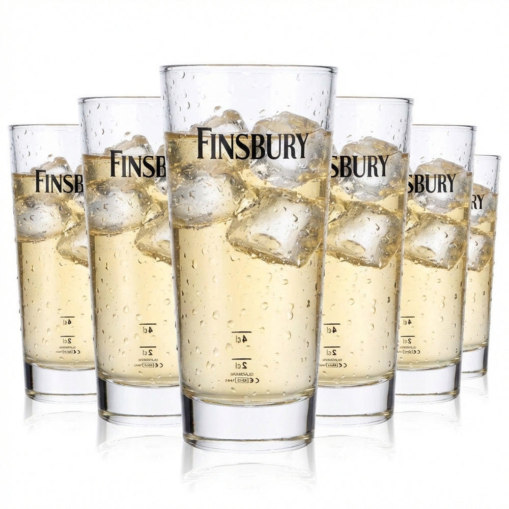 6x Finsbury Gin Gläser Ginglas 0,35l Becher Logo schwarz wagerecht