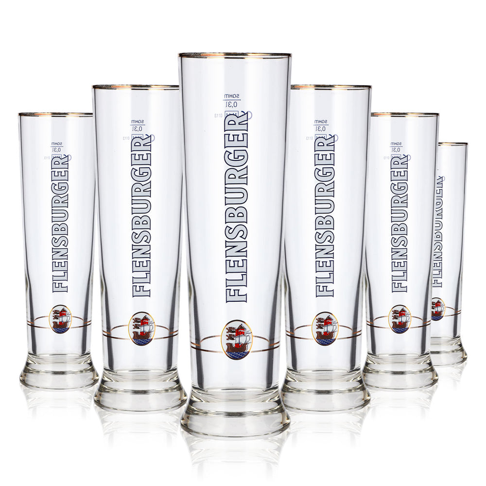 6x Flensburger Bier Glas 0,3l Pokal Goldrand sahm