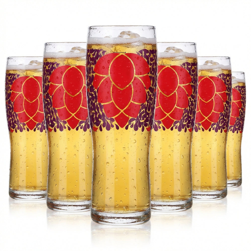 6x Glas 0,3l Biergläser Longdrinkglas farbig Becher Lila Motiv Blume Logo