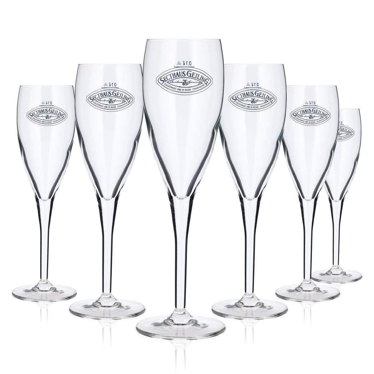 6x Goldhand Sekt Glas 0,1l Logo Secthaus Geiling blau (6er Set)