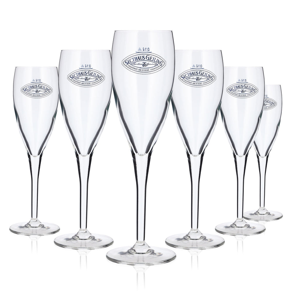 6x Goldhand Sekt Glas 0,1l Logo Secthaus Geiling blau (6er Set)