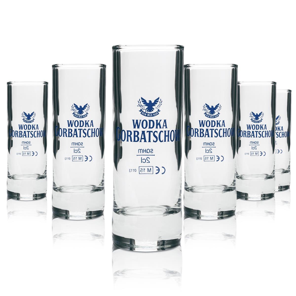 6x Gorbatschow Vodka Glas Shotglas 4cl hoch