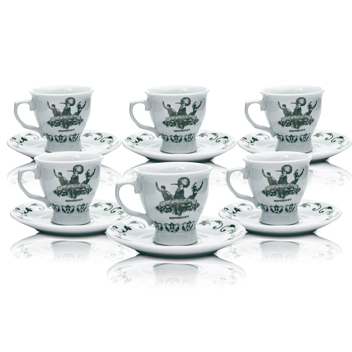 6x Hendricks Tasse 170 ml + Unterteller Kaffee Tee Henkel Glas Gläser Gin Tonic