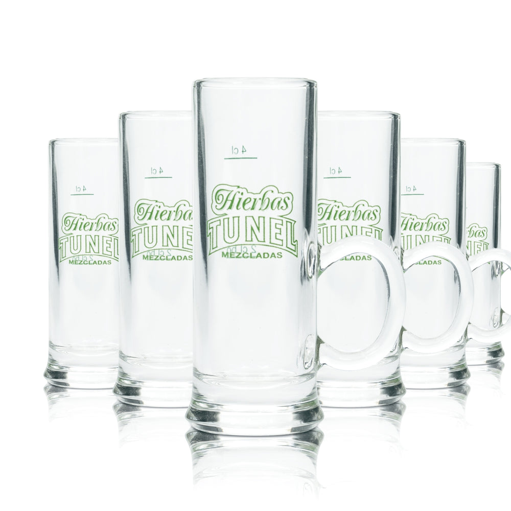6x Hierbas Tunel Likör Glas 4cl Shot Kurze Stamper Krug Henkel Gläser Mallorca