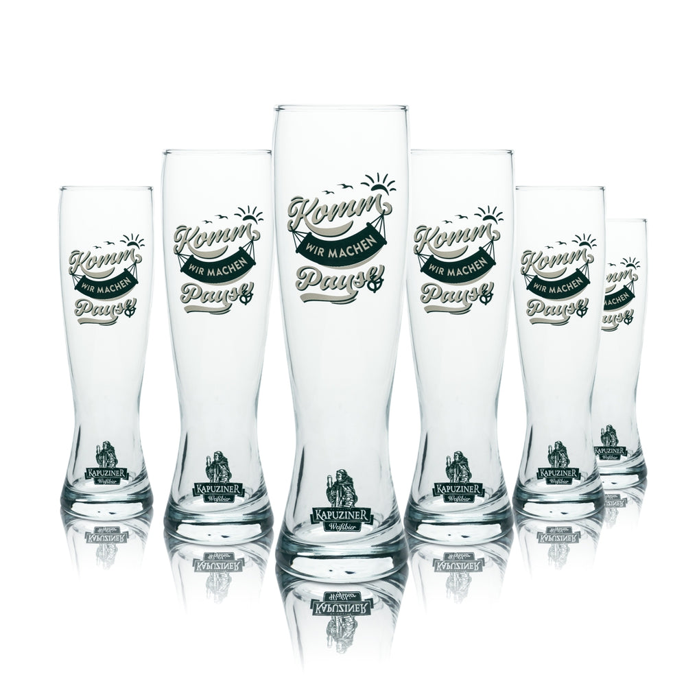 6x Kapuziner Bier Glas 0,5l Weißbierglas "Komm wir machen Pause" Hefe Weißbier Gläser