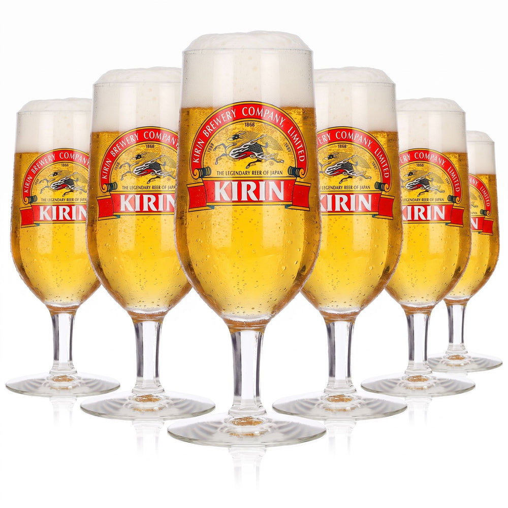 6x Kirin Ichiban Bier Glas 0,2l Pokal rotes Balken Logo Rastal