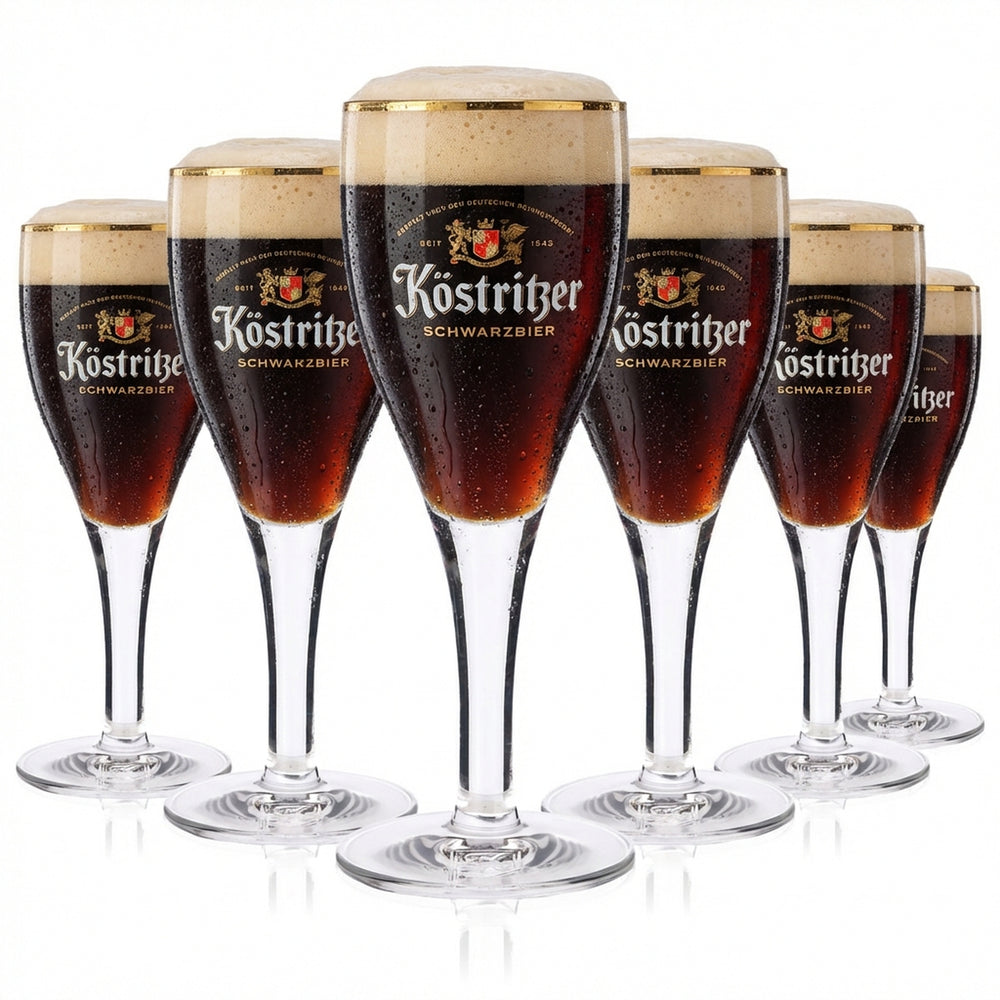 6x Köstritzer Schwarzbier Exklusiv-Pokalgläser Set - 0,2l Bierglas mit edlem Goldrand und Eichstrich