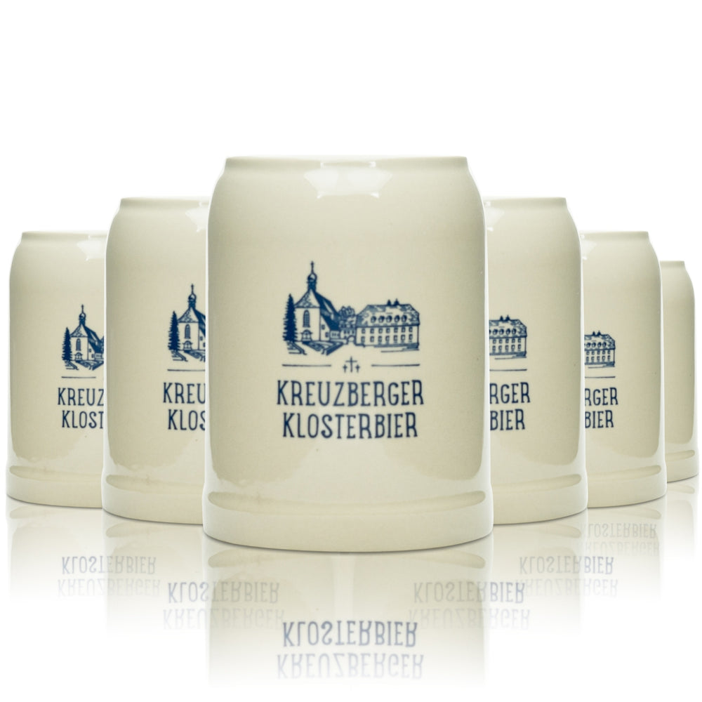 6x Kreuzberger Klosterbräu Bier Glas Krug 0,5l Ton Seidel Henkel Gläser Steingut