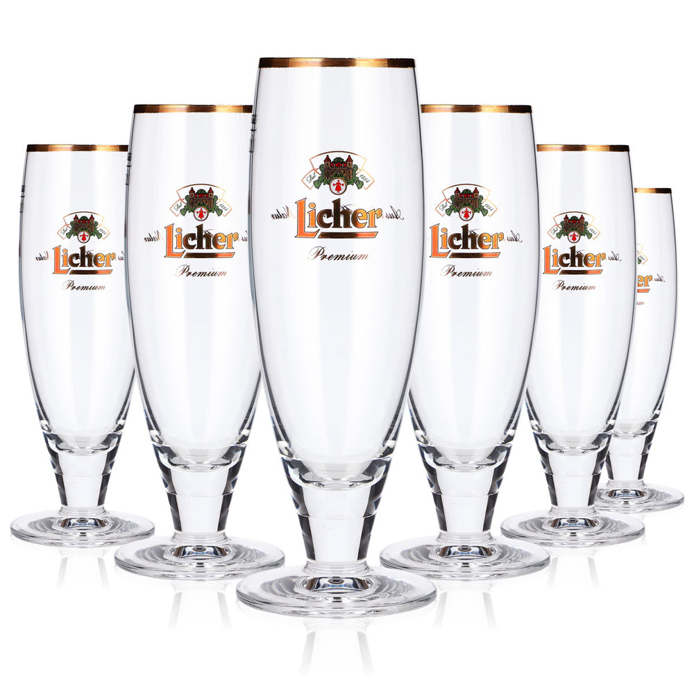 6x Licher Bier Glas 0,2l Pokal Premium Goldrand Rastal