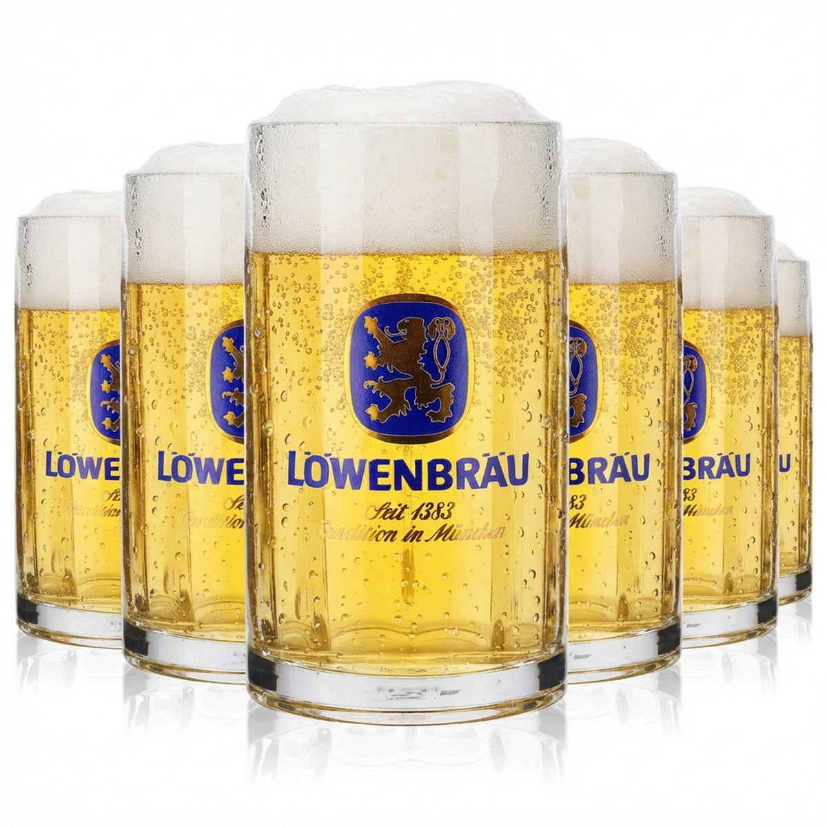 6x Löwenbräu Bier Glas Gläser 0,4l Krug Seidel Humpen Moldau B-Ware