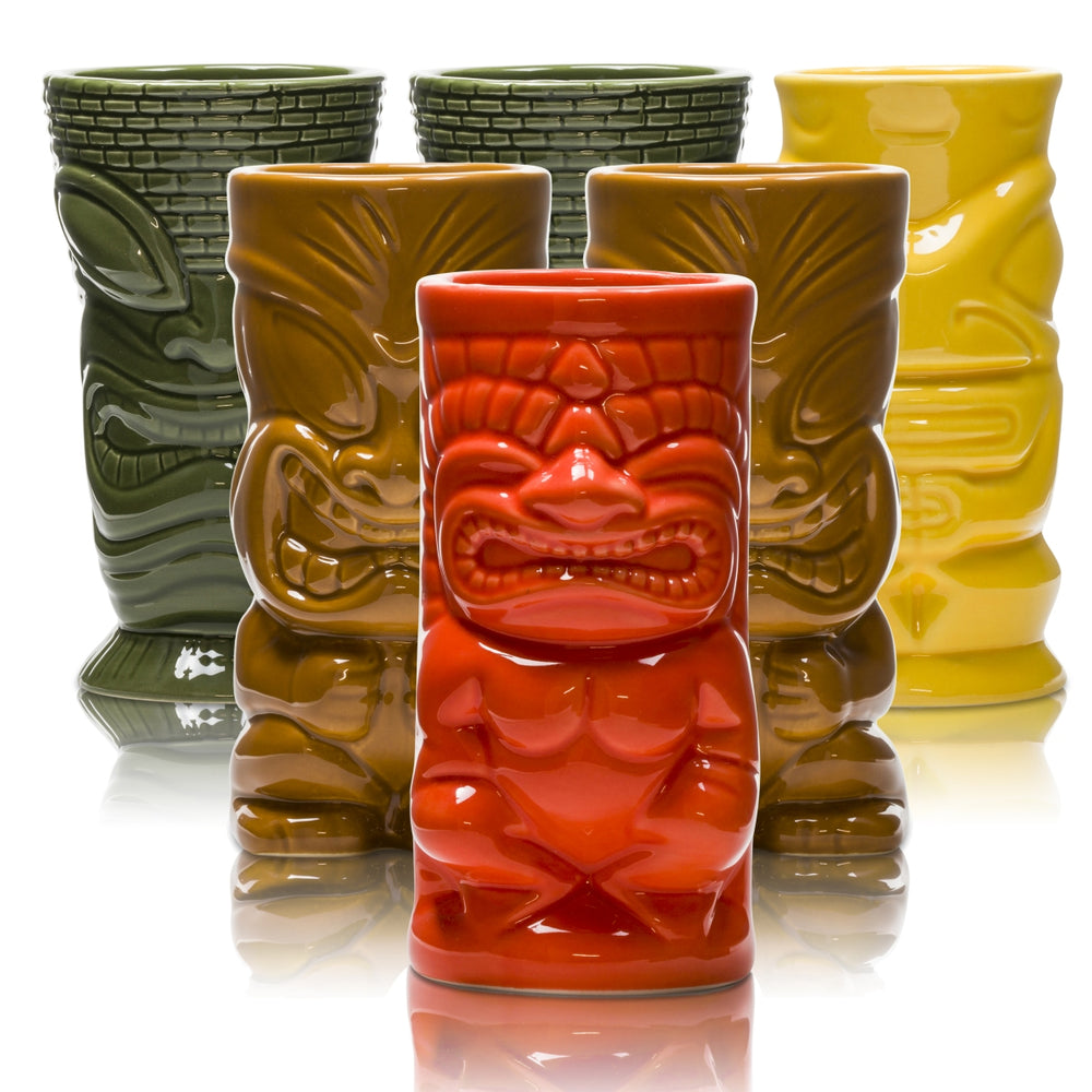 6x Mahiki Rum Glas Tonbecher bunt 2 grün + 2 braun + 1 rot + 1 gelb