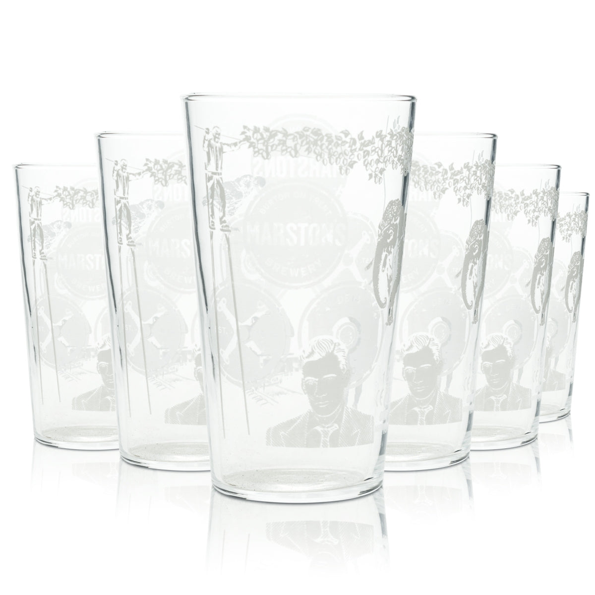 6x Marstons Bier Glas 0,5l Becher Pint Gravur Gläser Englisch Beer Willi Cup