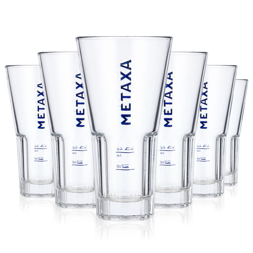 6x Metaxa Weinbrand Glas 0,35l blaue Schrift Longdrinkglas Relief Rastal