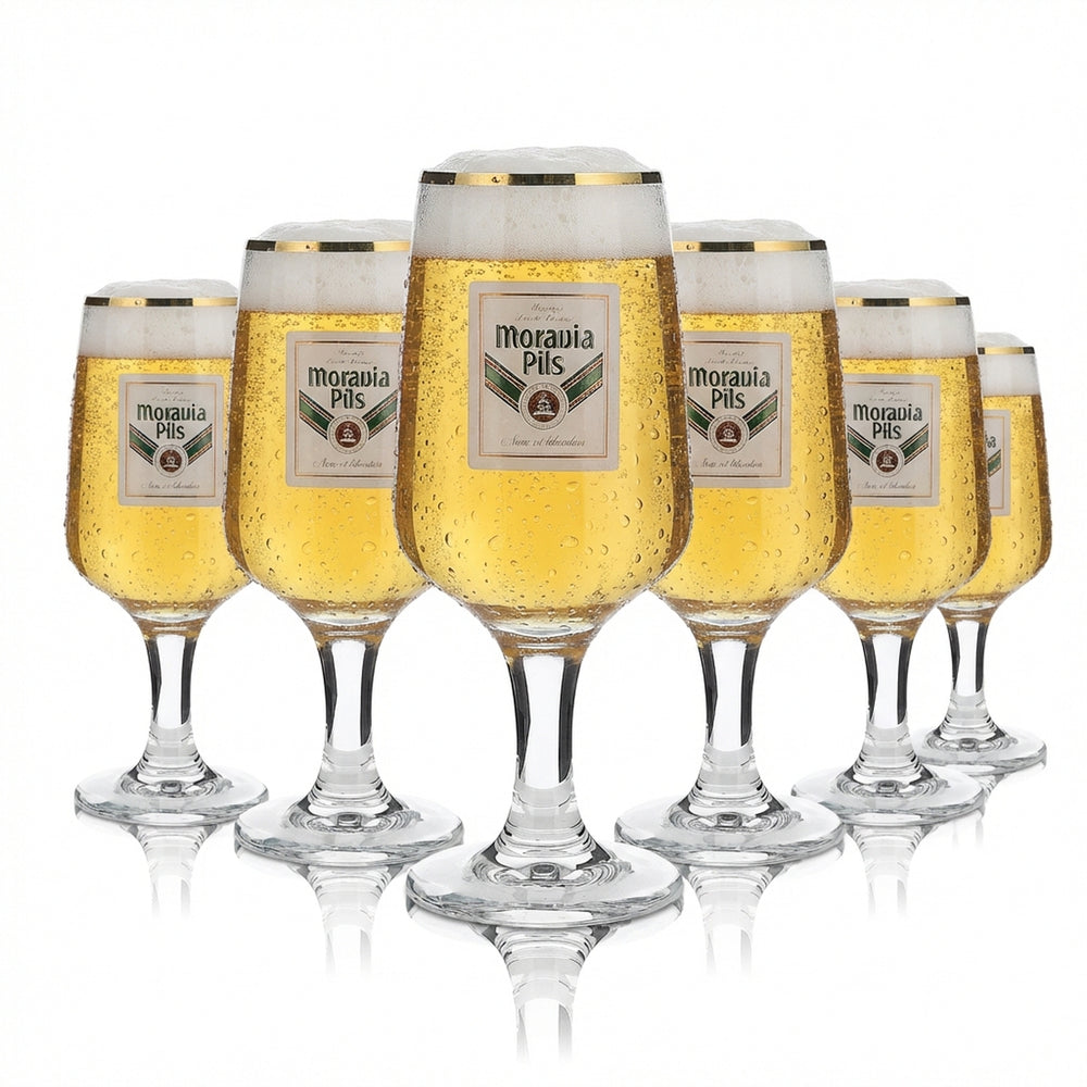 6x Moravia Glas 0,2l Goldrand Pokal Pilstulpe Bier Gläser Set Brauerei Gastro