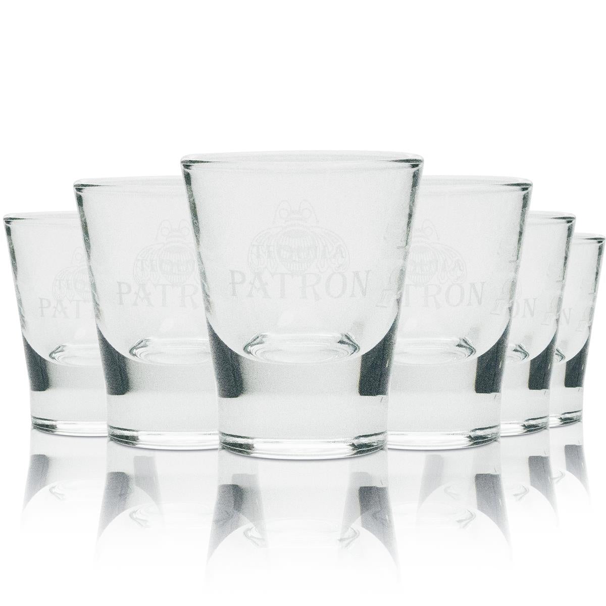 6x Patron Tequila Glas Shot weiße Schrift