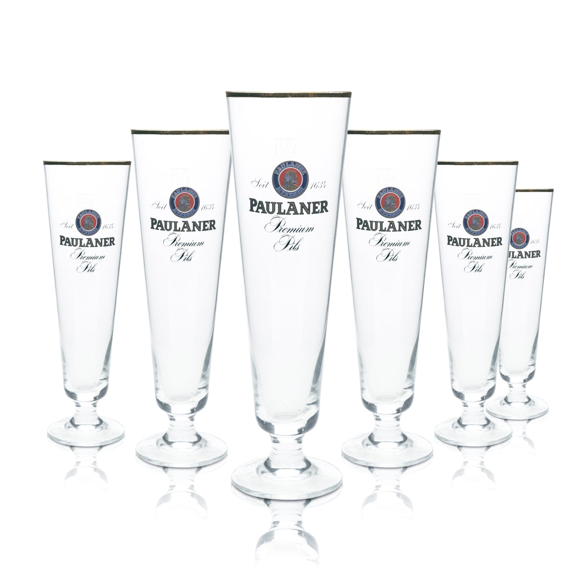 6x Paulaner Bier Glas 0,4l Pokal Tulpe Goldrand Gläser Pils Gastro Brauerei Bar