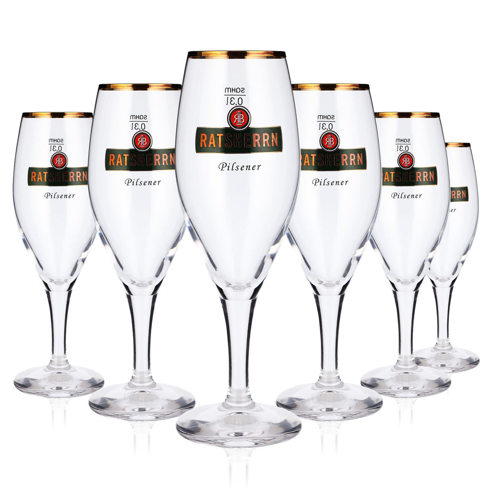 6x Ratsherrn Bier Glas 0,3l Pokalglas grünes Logo Pilsener Goldrand (6er Set)