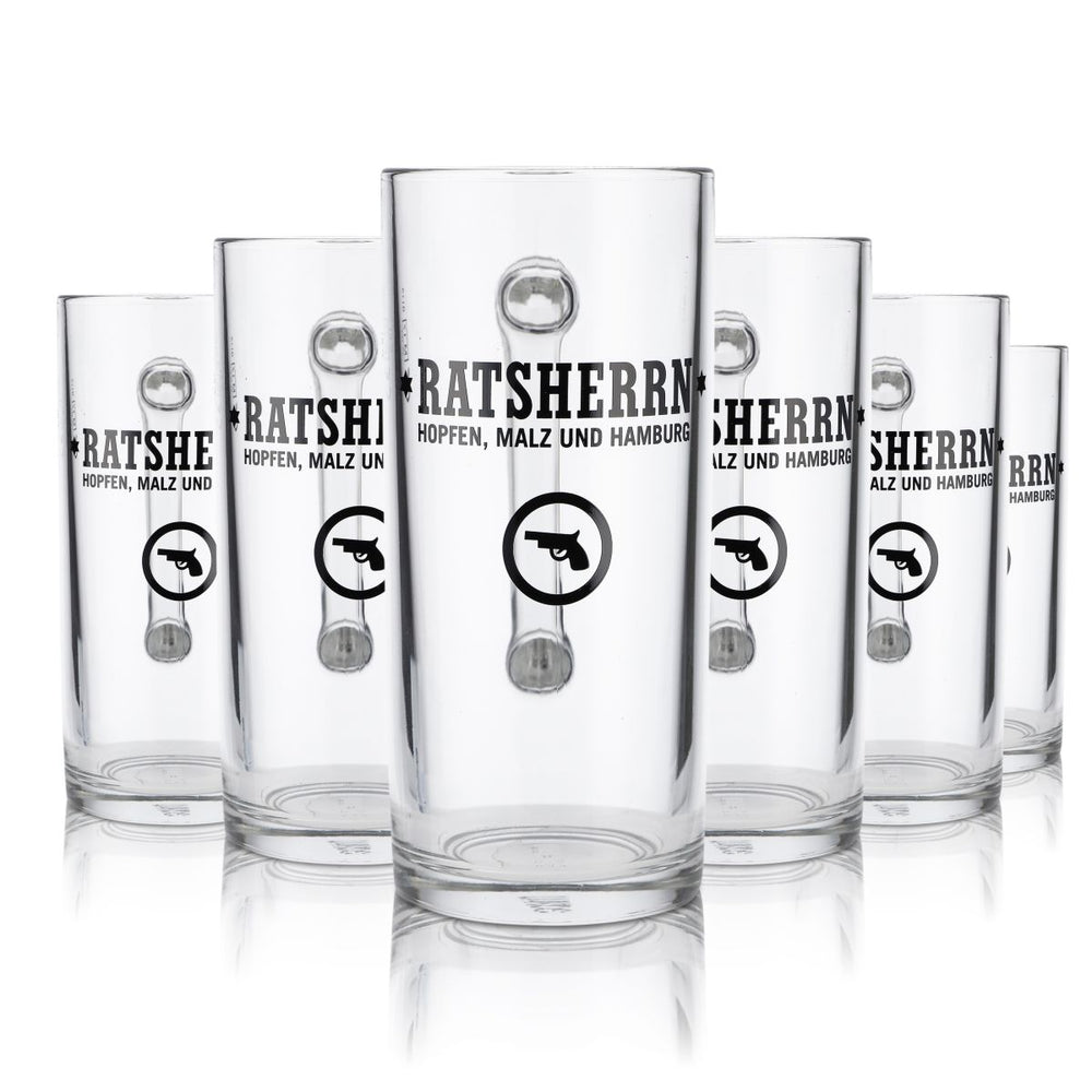 6x Ratsherrn Glas 0,3l Bierkrug Humpen Seidel Gläser Set Hamburg Revolver