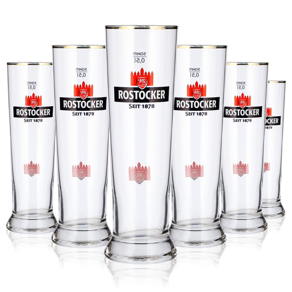 6x Rostocker Bier Glas 0,5l Pokal rotes Burg Logo Goldrand Sahm
