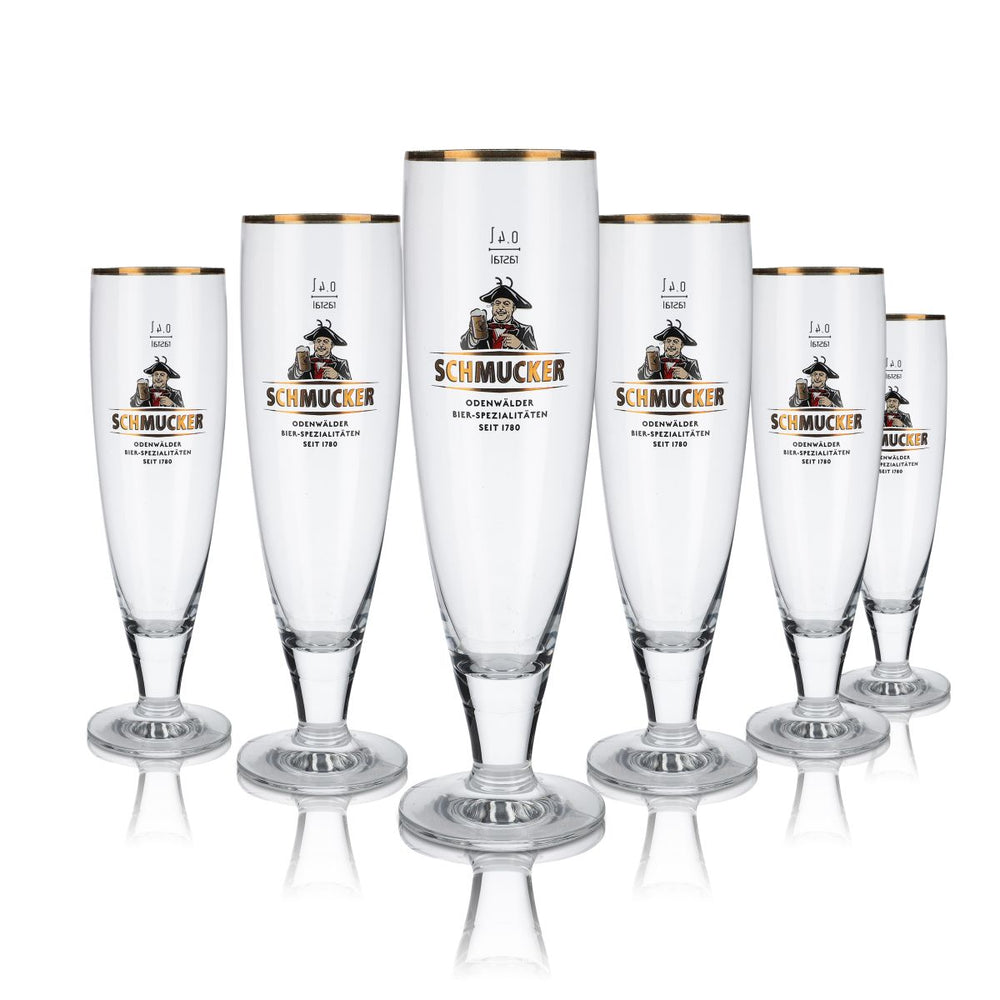 6x Schmucker Glas 0,4l Pokal Tulpe Goldrand Gläser Set Odenwälder Brauerei