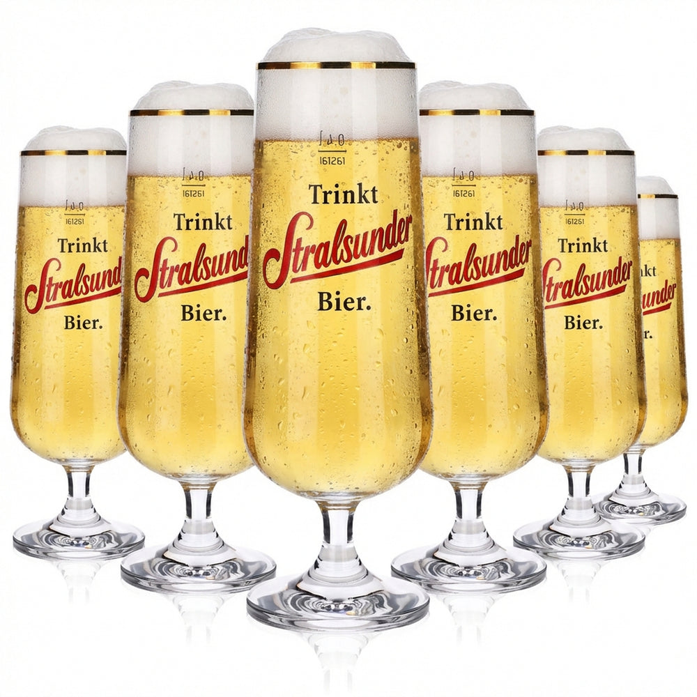 6x Stralsunder Glas 0,4l Goldrand Bier Pokal Gläser Set Pilstulpe Hanse Brauerei