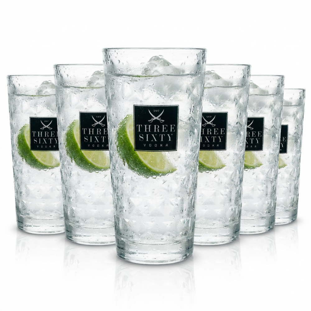 6x Three Sixty Glas 0,33l Longdrink Cocktail Gläser Kristall Relief Gastro Eiche