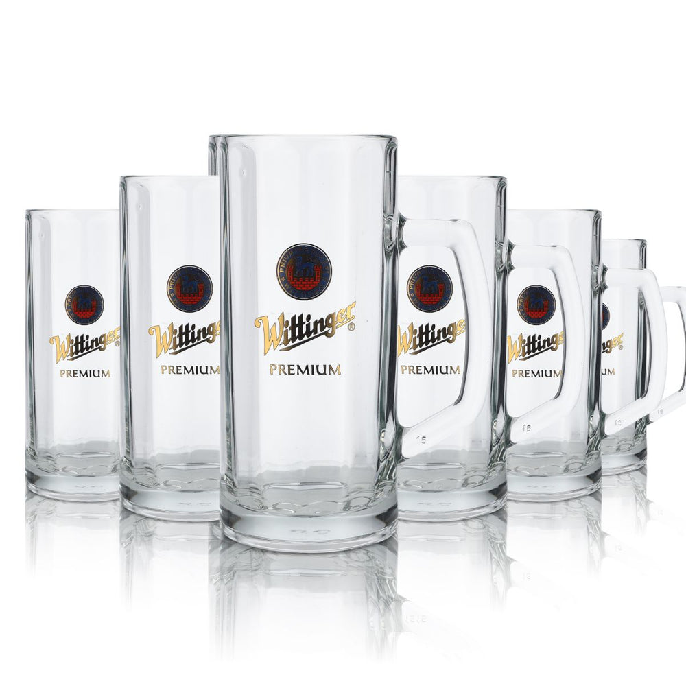 6x Wittinger Bier Glas 0,5l Gläser Relief Krug Bierkrug Logo Blau Seidel