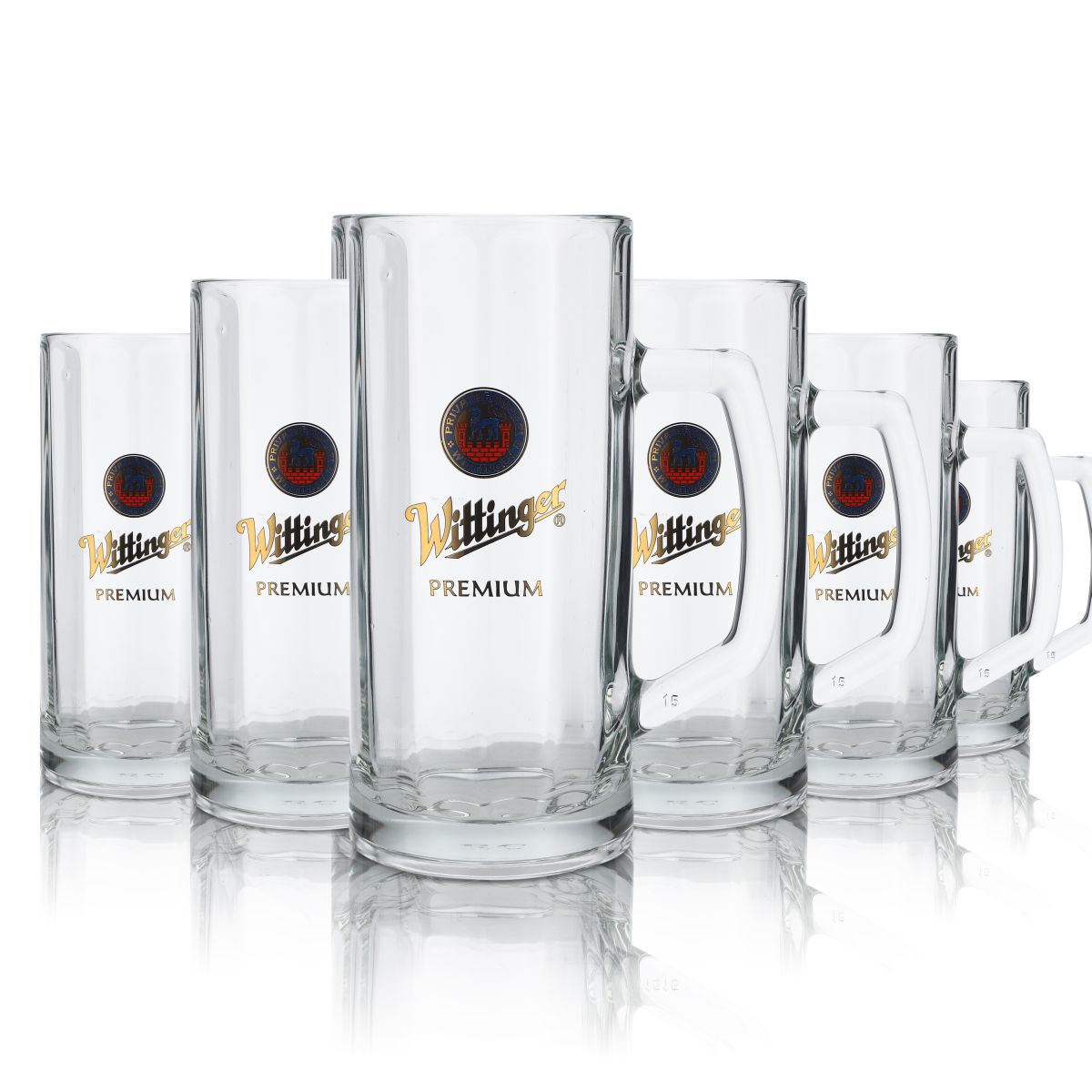 6x Wittinger Bier Glas 0,5l Gläser Relief Krug Bierkrug Logo Blau Seidel