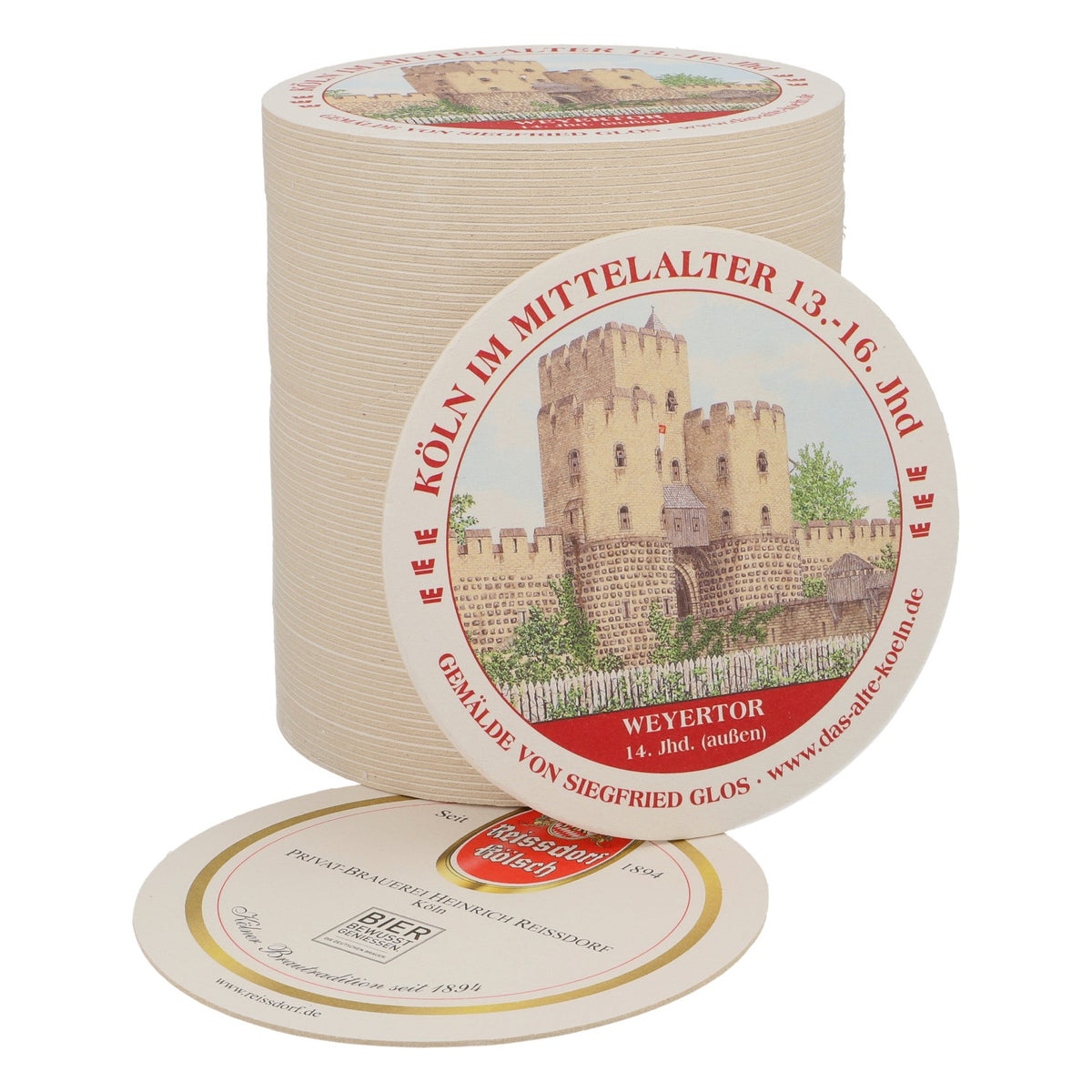 80x Reissdorf Bier Bierdeckel Untersetzer "Köln im Mittelalter" Weyertor (außen)