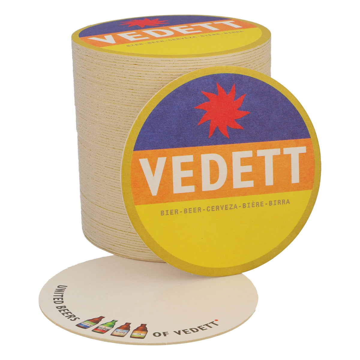 80x Vedett Bier Bierdeckel Untersetzer Glasuntersetzer Blau/ orange/ gelb