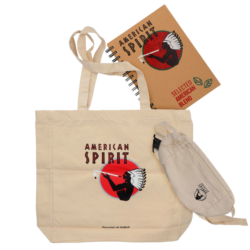 American Spirit Fan Bundle Set aus Bauchtasche Jutebeutel Notizblock