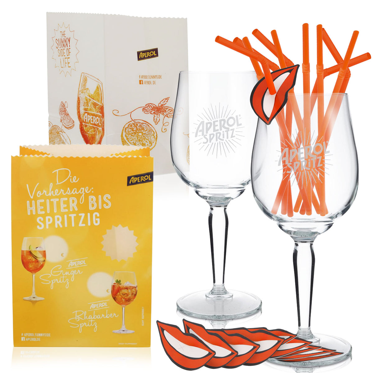 Aperol Spritz Bar Bundle Set aus 2 x Signature Gläser Strohhalme Teelichthalter