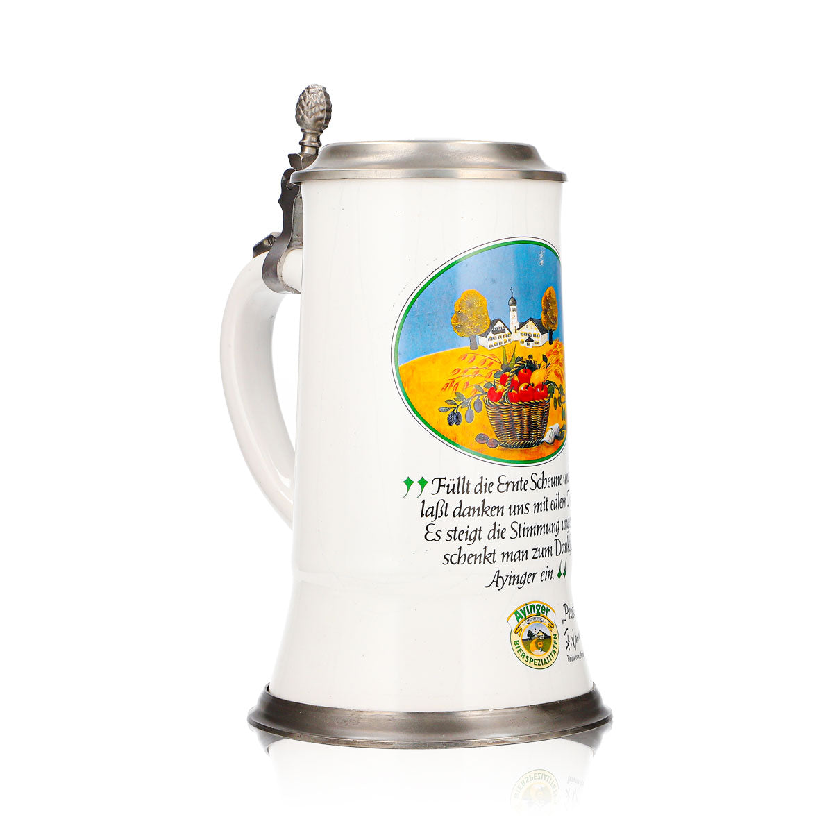 Ayinger Bier Glas Tonkrug Bierseidel 0,84l mit Zinndeckel Ernte Motiv Steingut – Ansicht 2