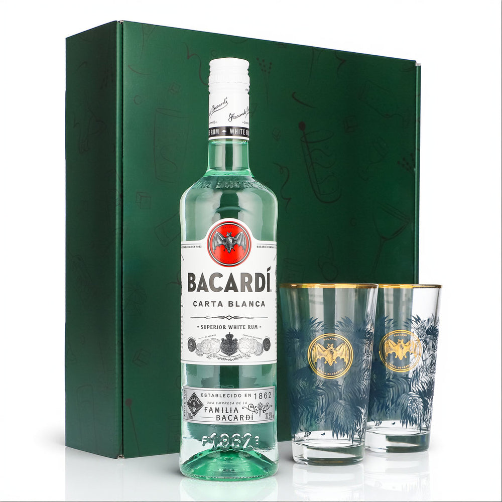 Bacardi Rum Geschenkset 0,7l Flasche 37,5 % Vol. + Longdrink Gläser Goldrand–grün