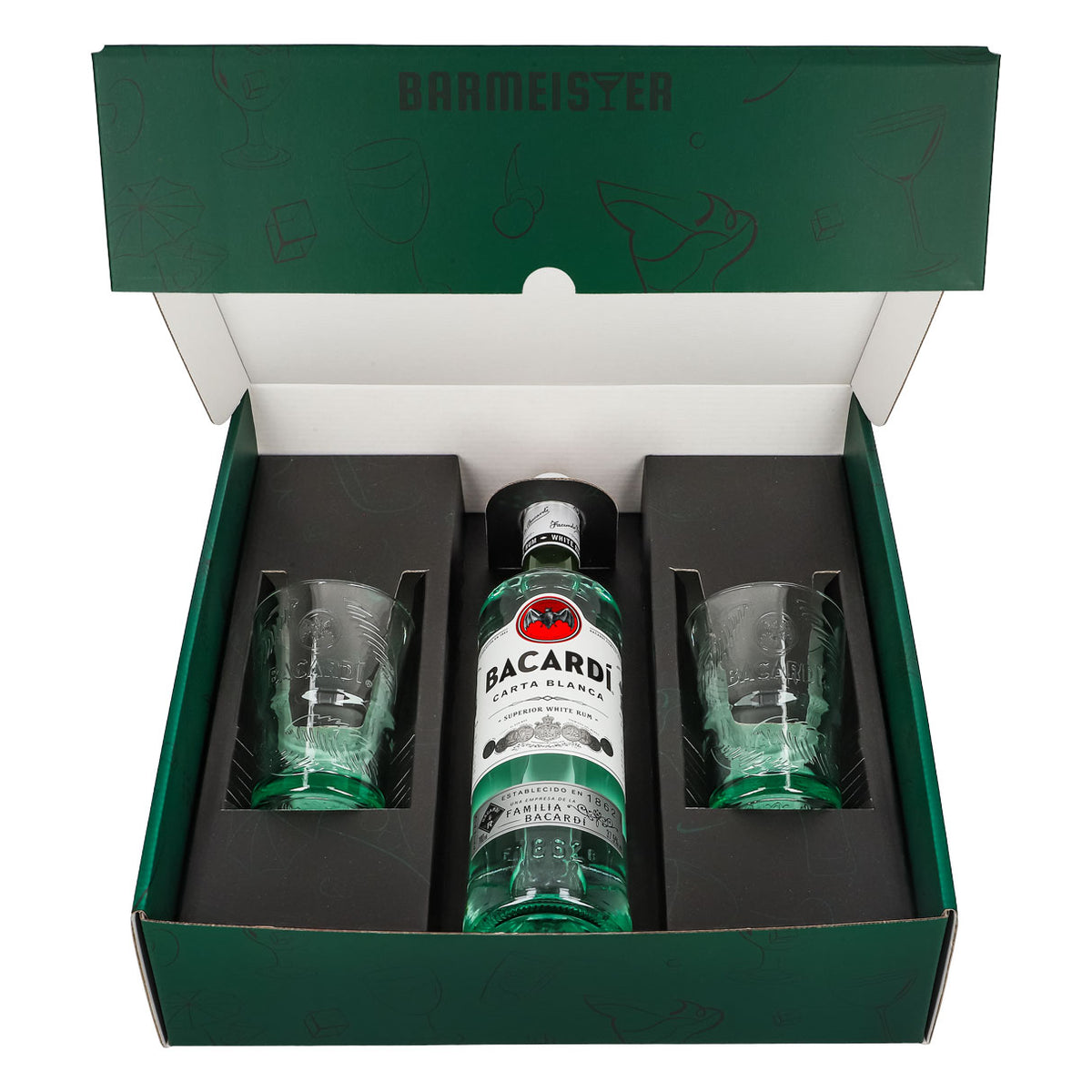 Bacardi Rum Geschenkset 0,7l Flasche 37,5 % Vol. + Longdrink Gläser Palme–grün – Ansicht 2