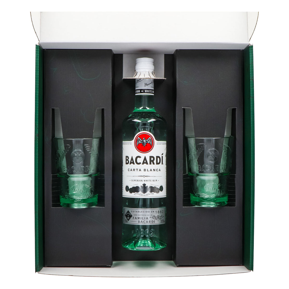 Bacardi Rum Geschenkset 0,7l Flasche 37,5 % Vol. + Longdrink Gläser Palme–grün – Ansicht 3