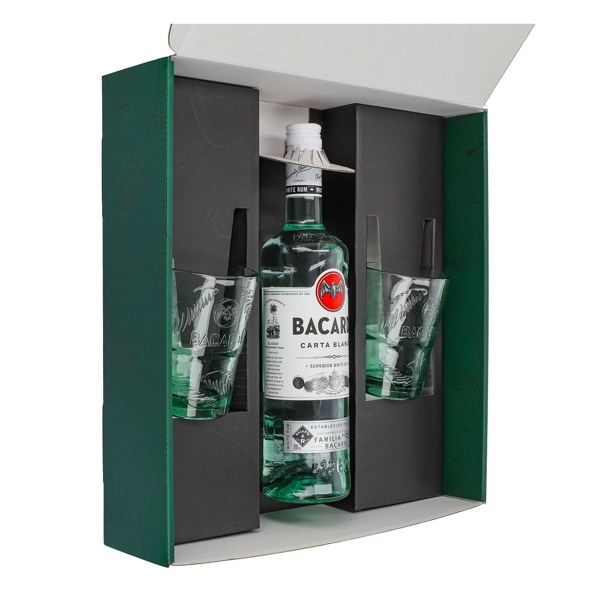 Bacardi Rum Geschenkset 0,7l Flasche 37,5 % Vol. + Longdrink Gläser Palme–grün – Ansicht 4